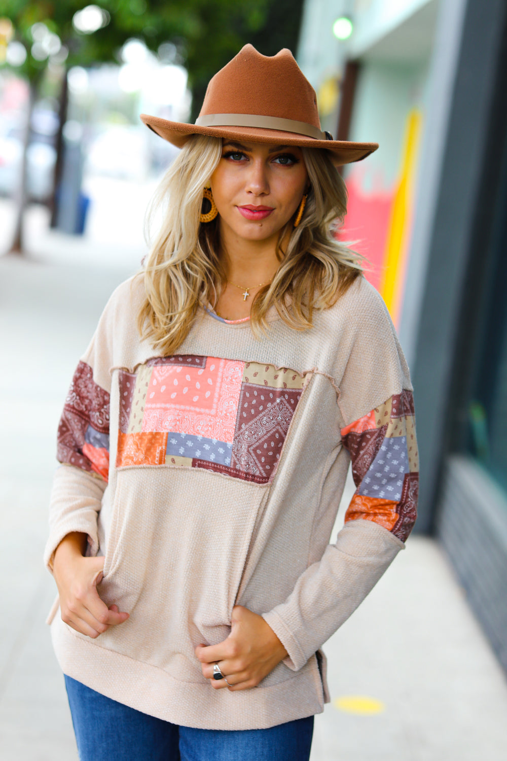 Playing With Patchwork Print Kangaroo Pocket Hoodie