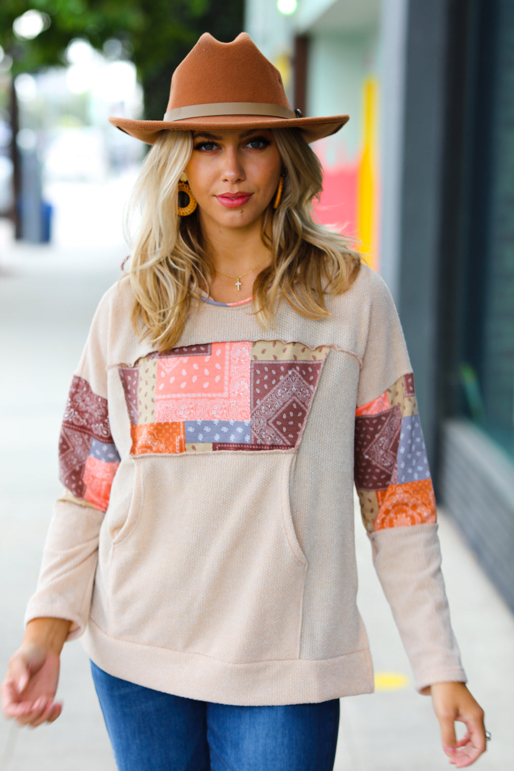 Playing With Patchwork Print Kangaroo Pocket Hoodie