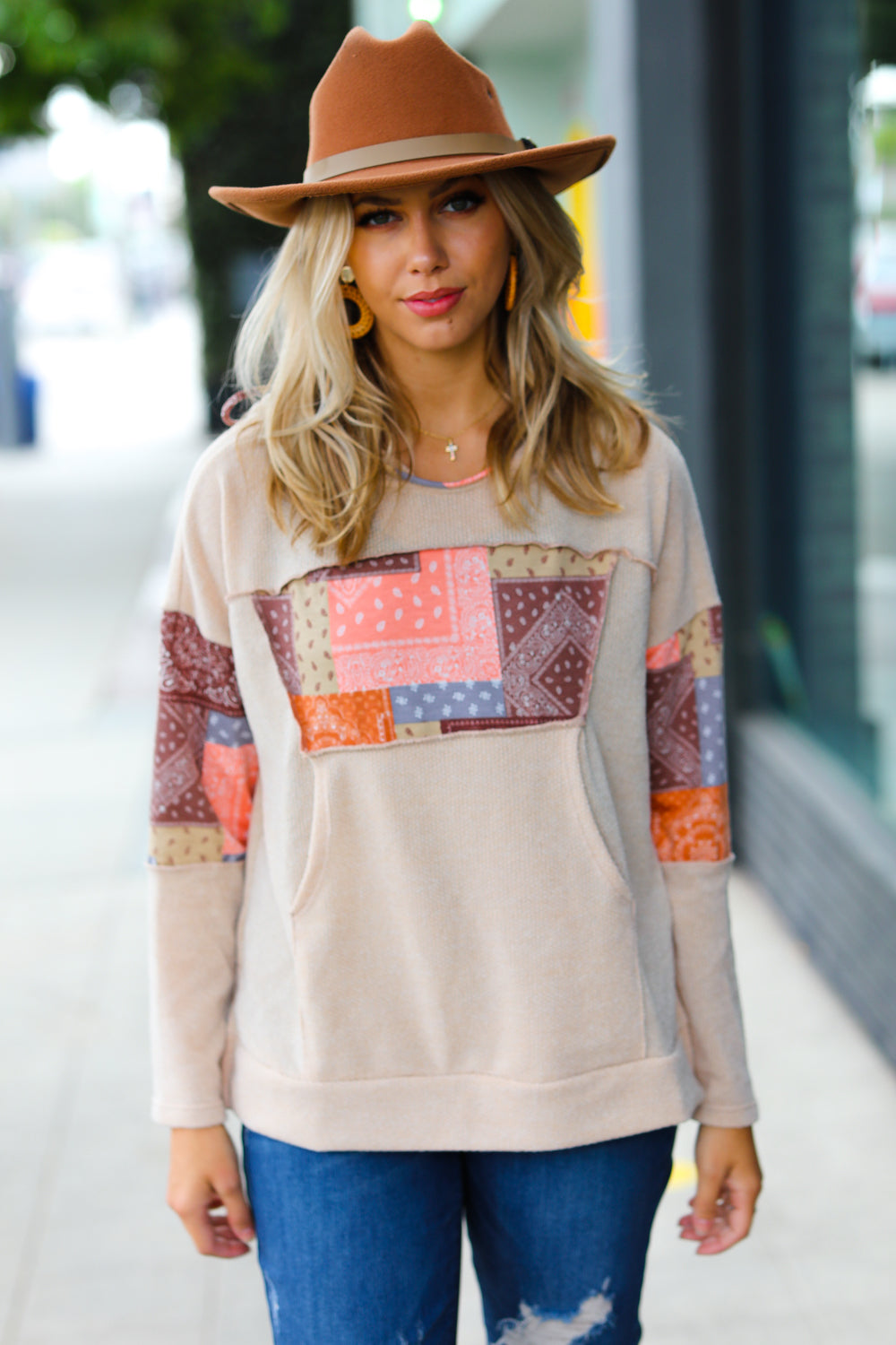 Playing With Patchwork Print Kangaroo Pocket Hoodie
