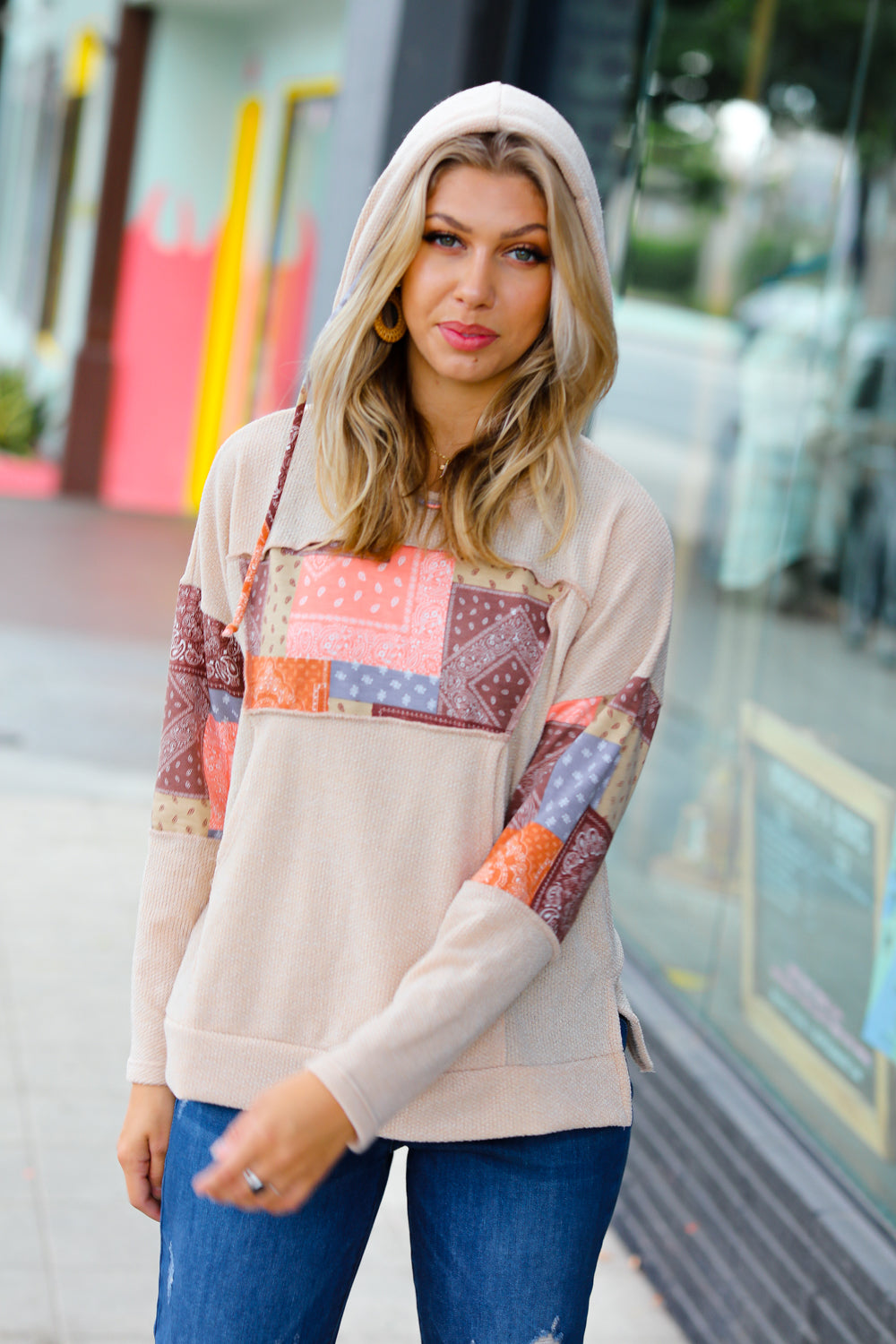 Playing With Patchwork Print Kangaroo Pocket Hoodie