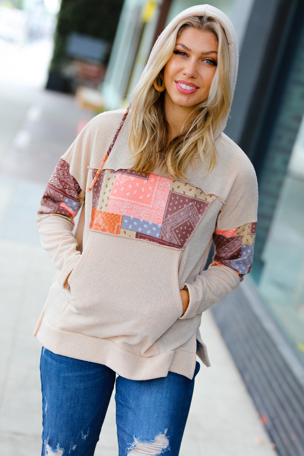 Playing With Patchwork Print Kangaroo Pocket Hoodie