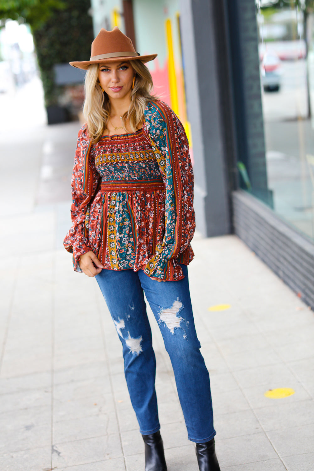 Soul Searching Smocked Floral Ruffle Hem Top