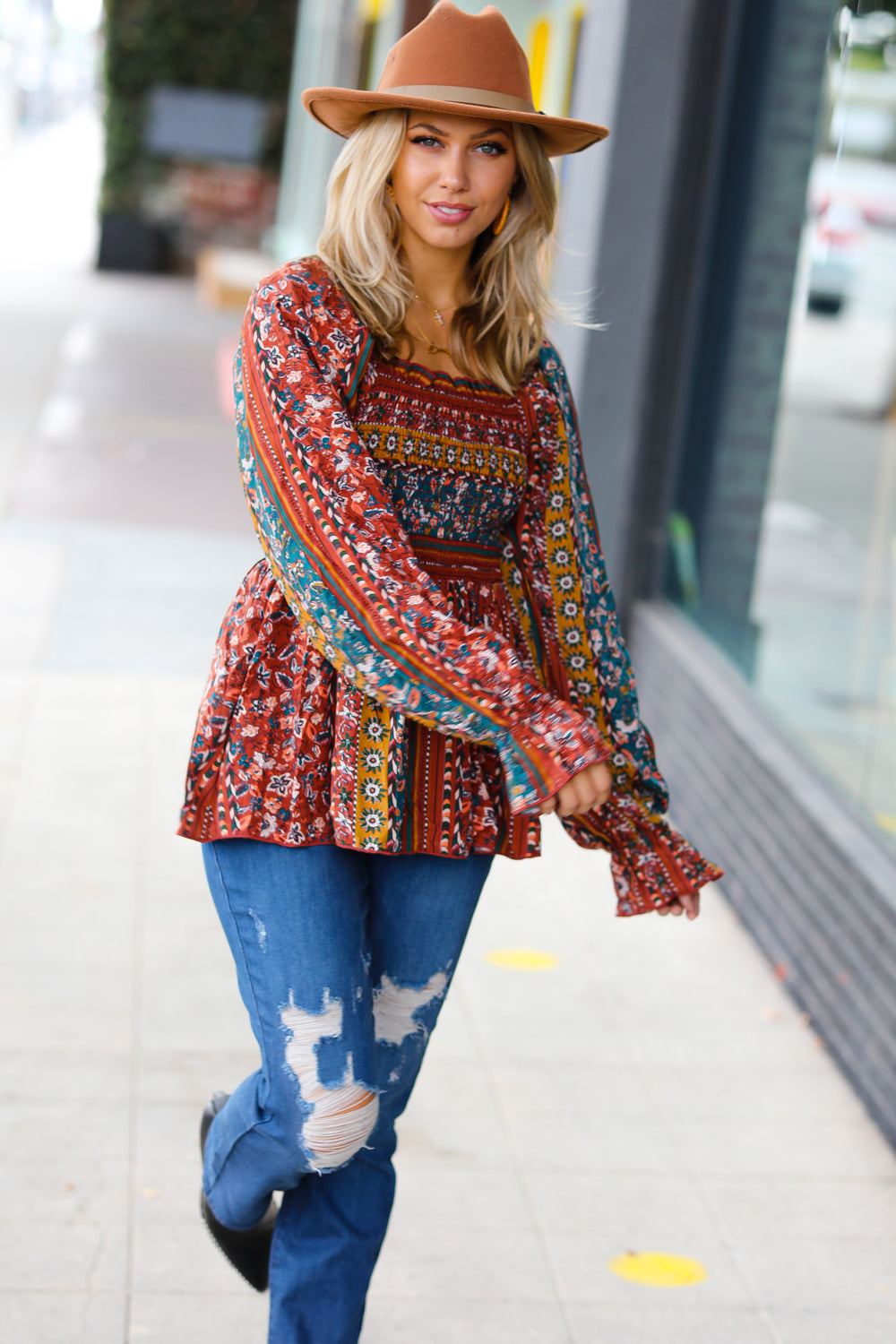 Soul Searching Smocked Floral Ruffle Hem Top
