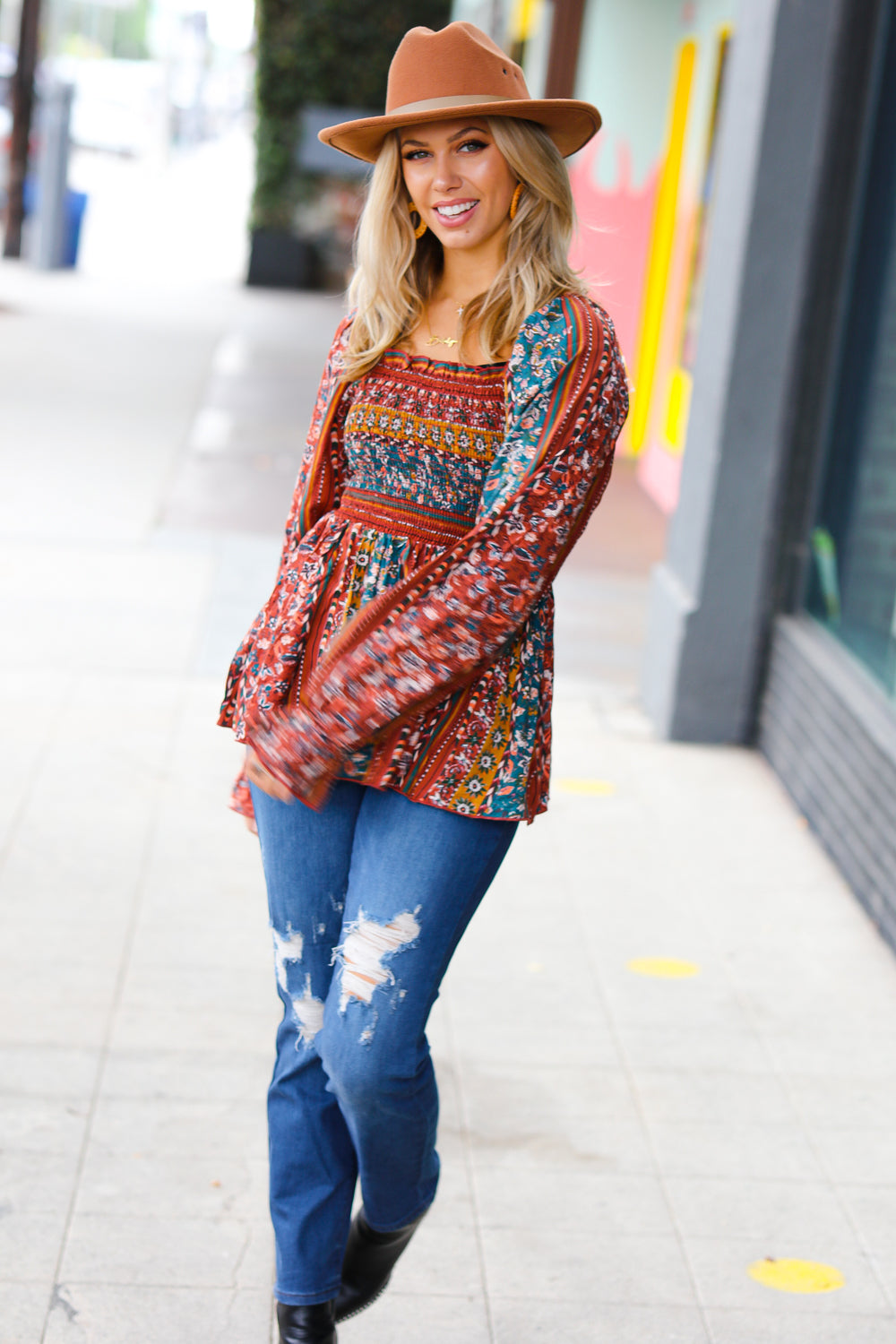 Soul Searching Smocked Floral Ruffle Hem Top