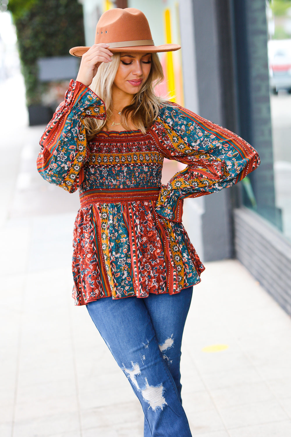 Soul Searching Smocked Floral Ruffle Hem Top
