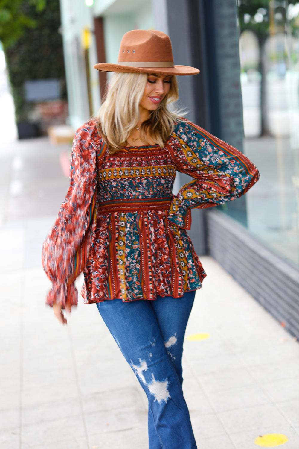 Soul Searching Smocked Floral Ruffle Hem Top