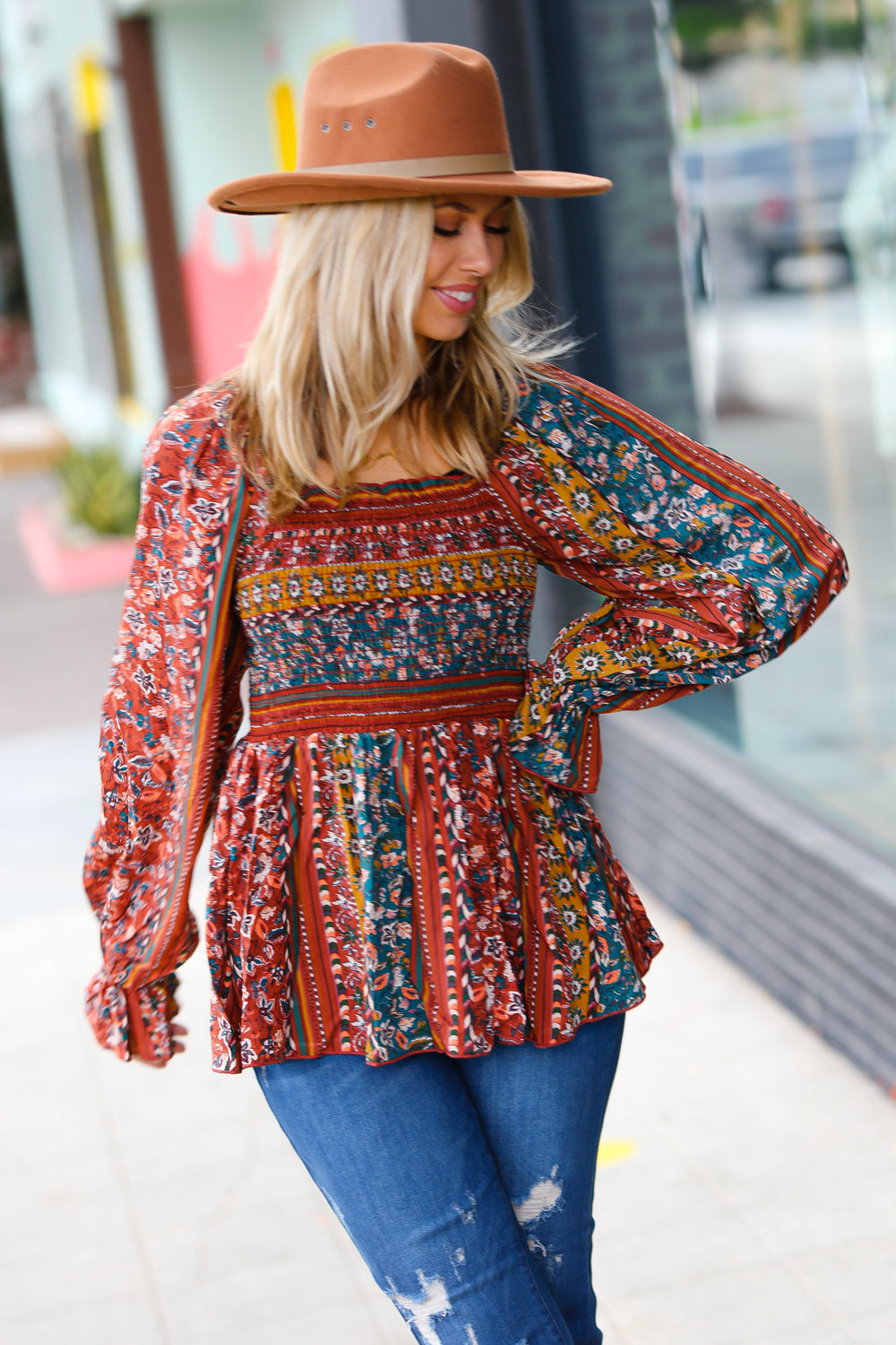 Soul Searching Smocked Floral Ruffle Hem Top