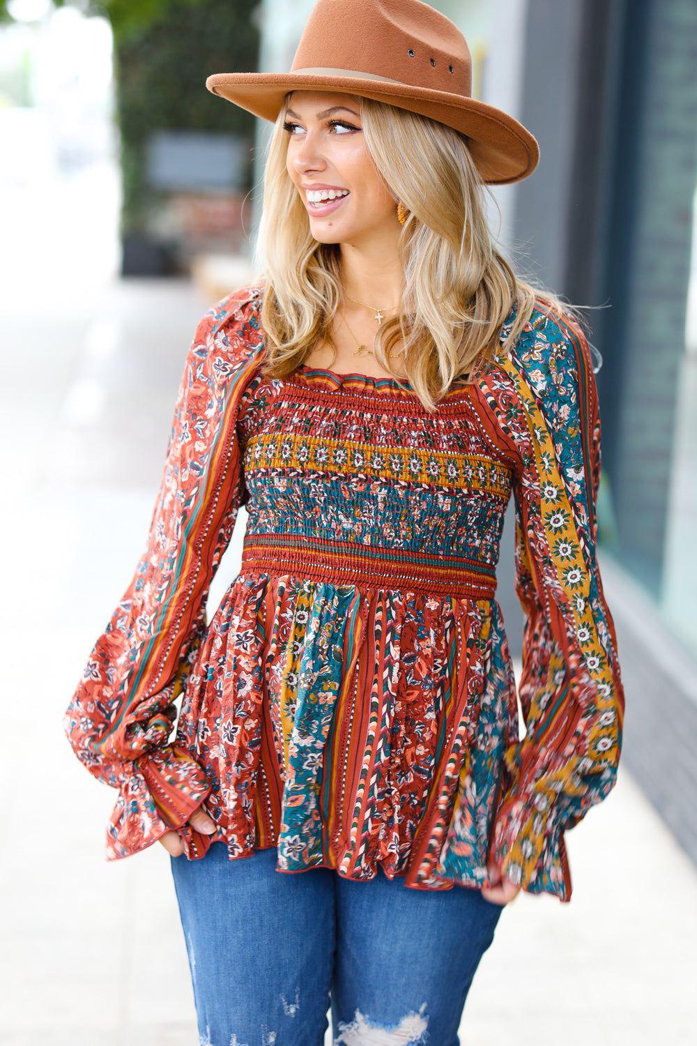 Soul Searching Smocked Floral Ruffle Hem Top