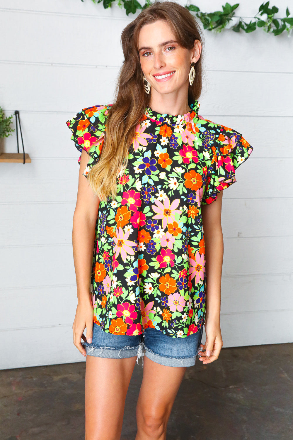 Caroline Floral Mock Neck Flutter Sleeve Top