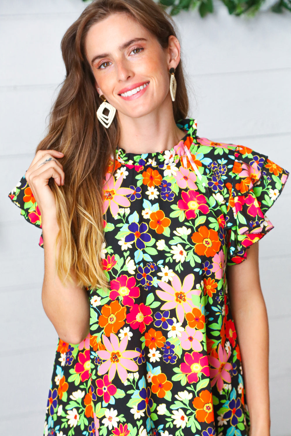 Caroline Floral Mock Neck Flutter Sleeve Top