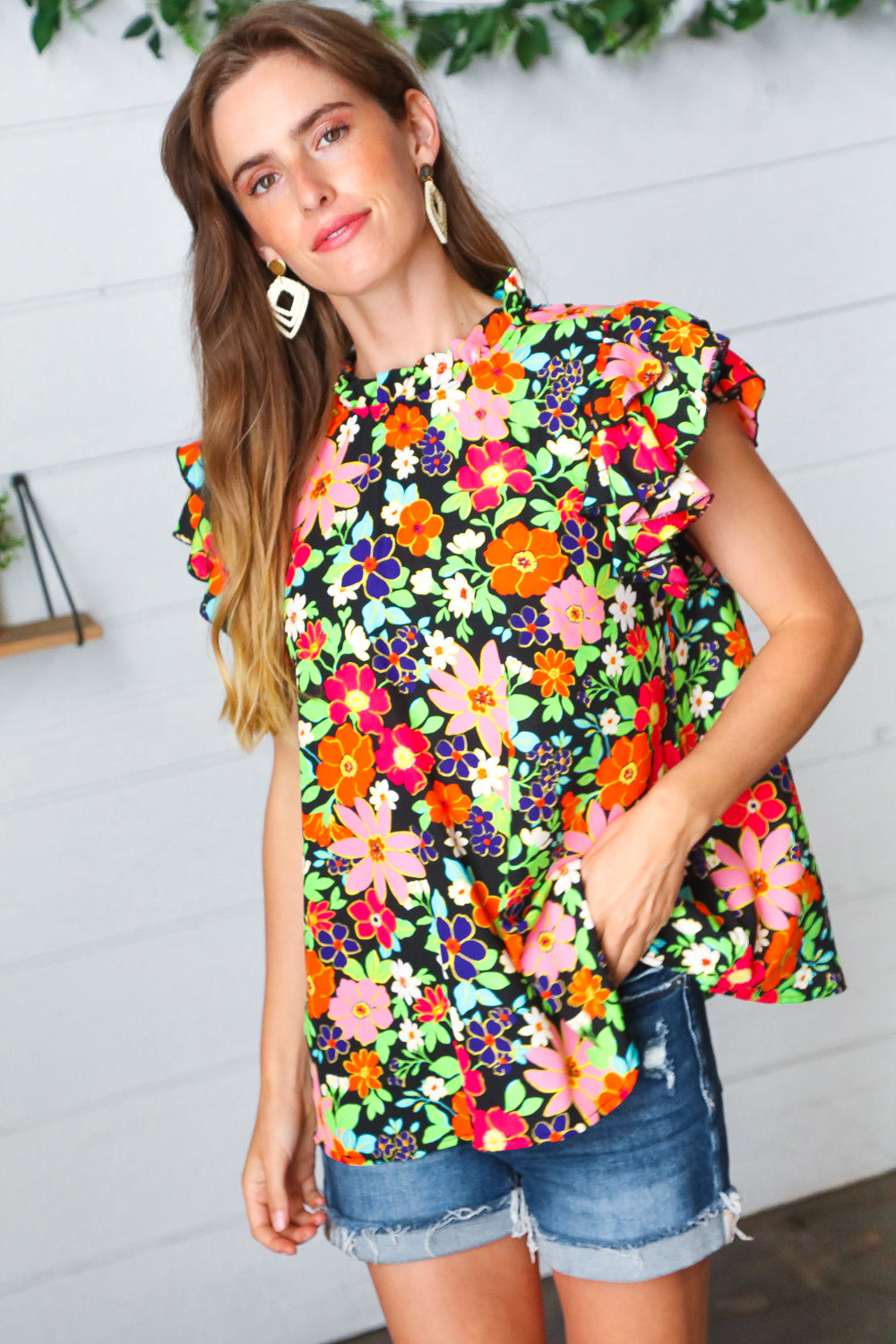 Caroline Floral Mock Neck Flutter Sleeve Top