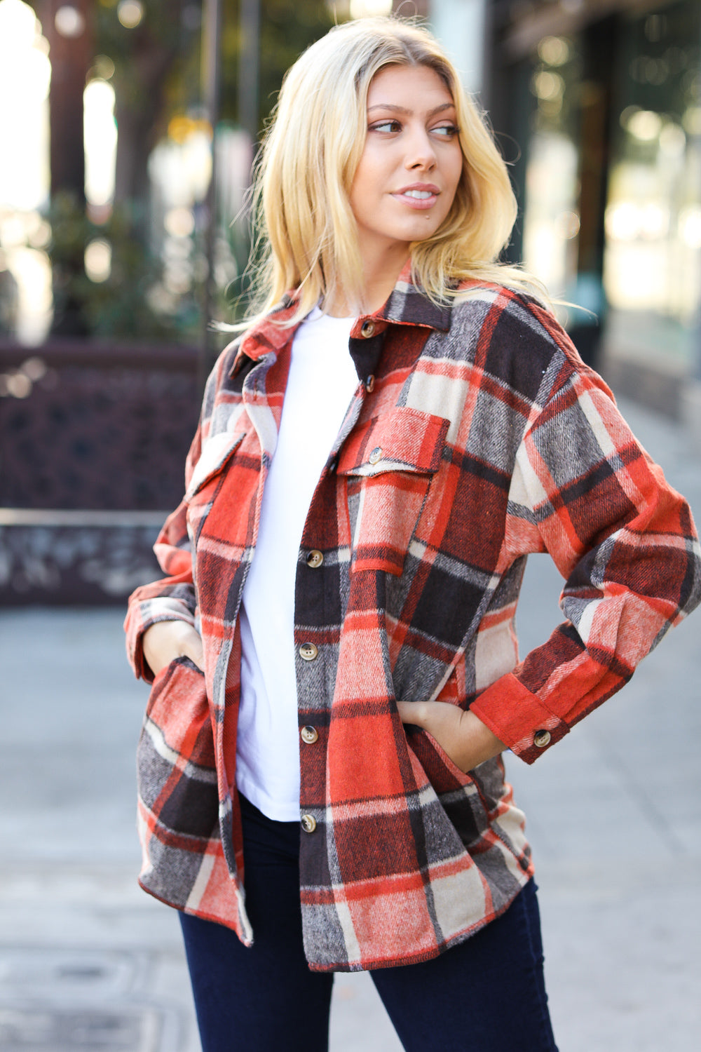 On My Way Up Plaid Flannel Button Down Shacket • Rust