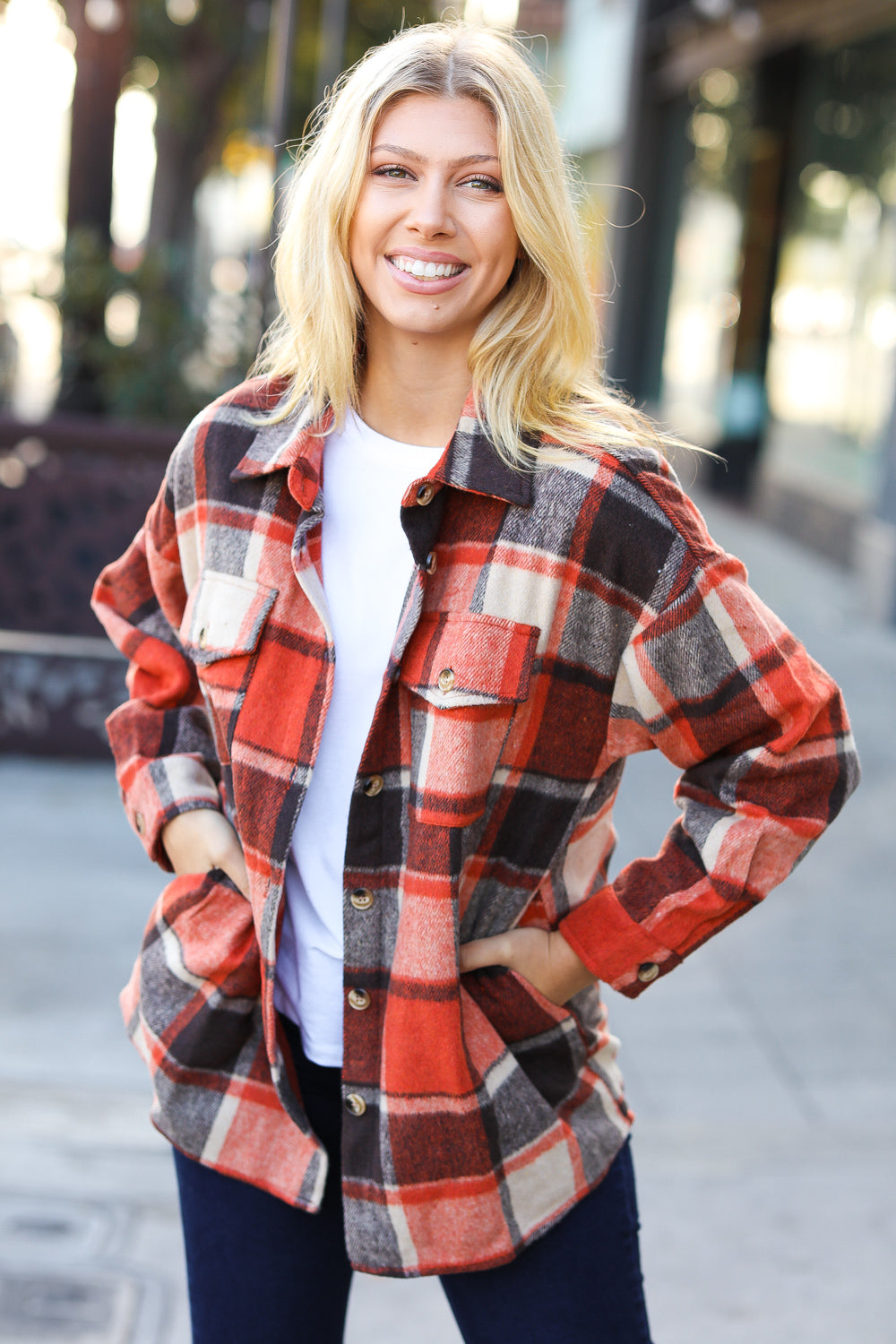 On My Way Up Plaid Flannel Button Down Shacket • Rust