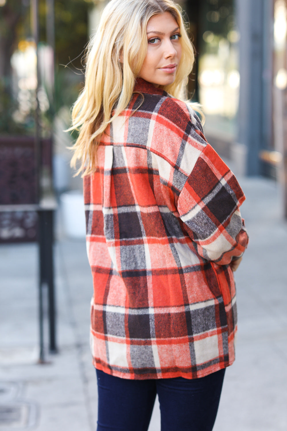 On My Way Up Plaid Flannel Button Down Shacket • Rust