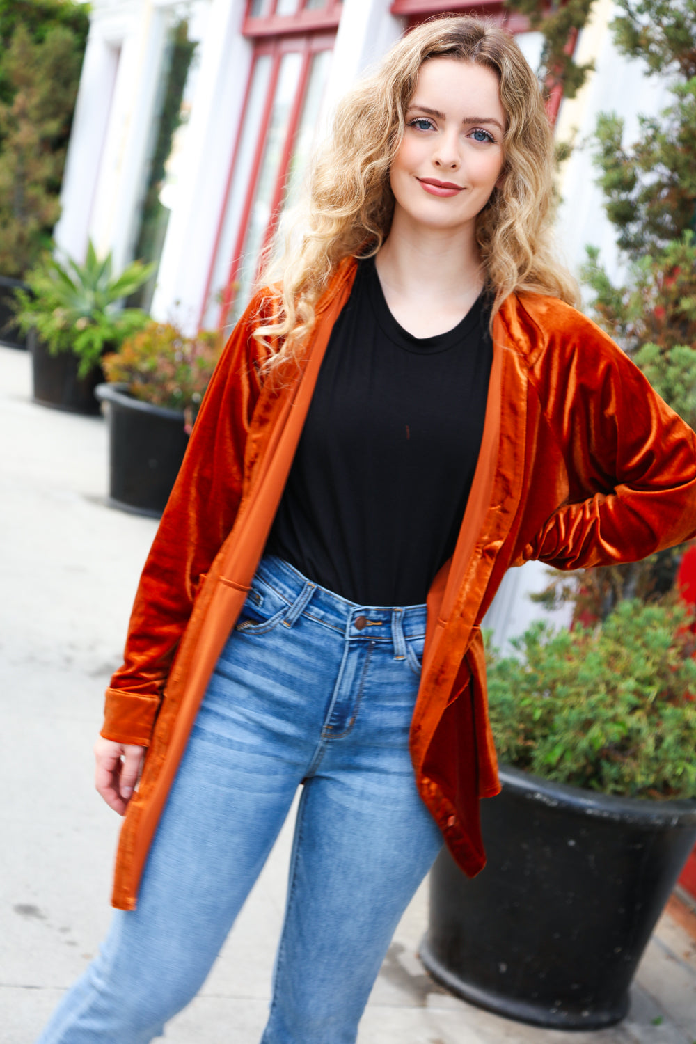 Dazzling Velvet Button Down Tunic Top • Rust