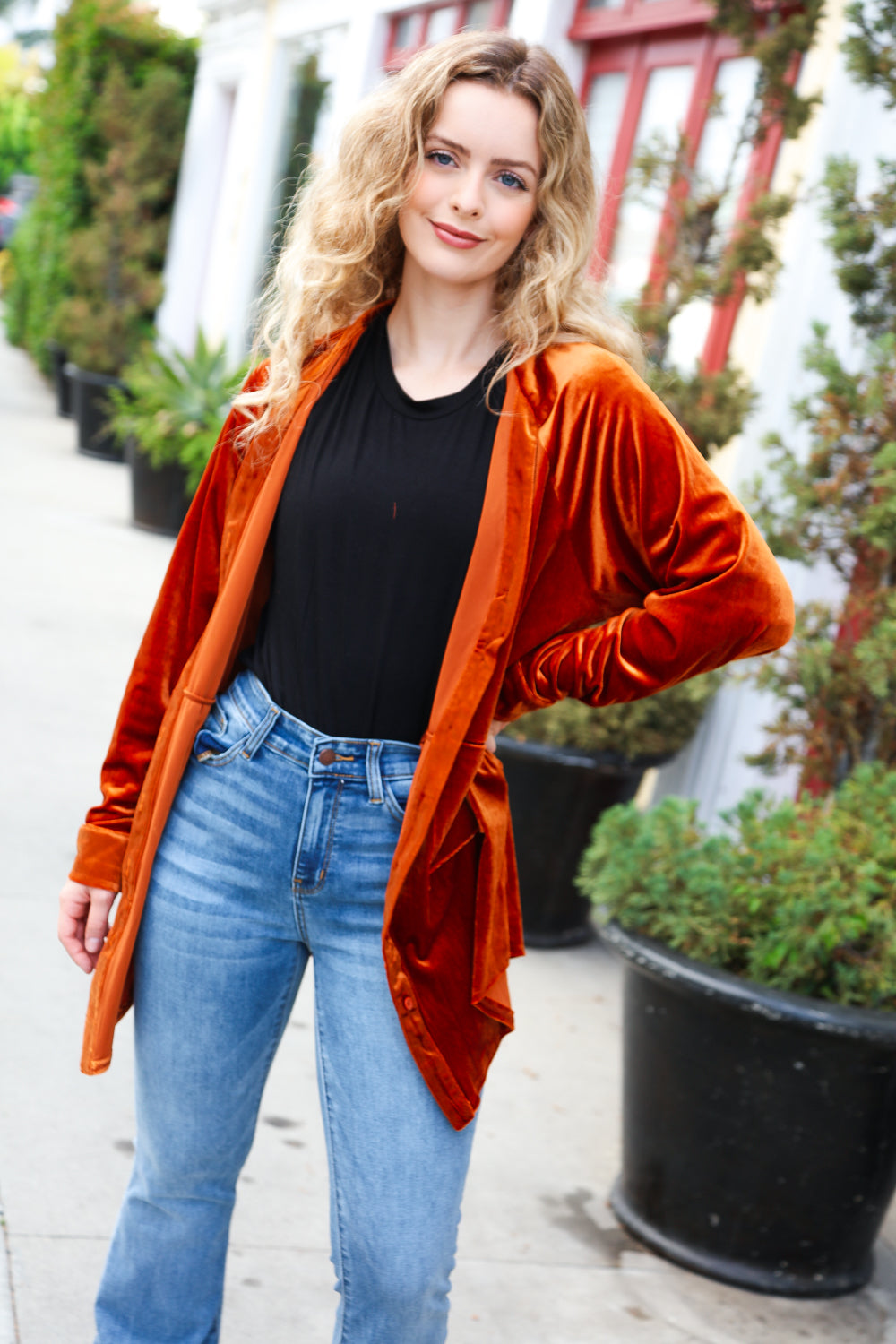 Dazzling Velvet Button Down Tunic Top • Rust