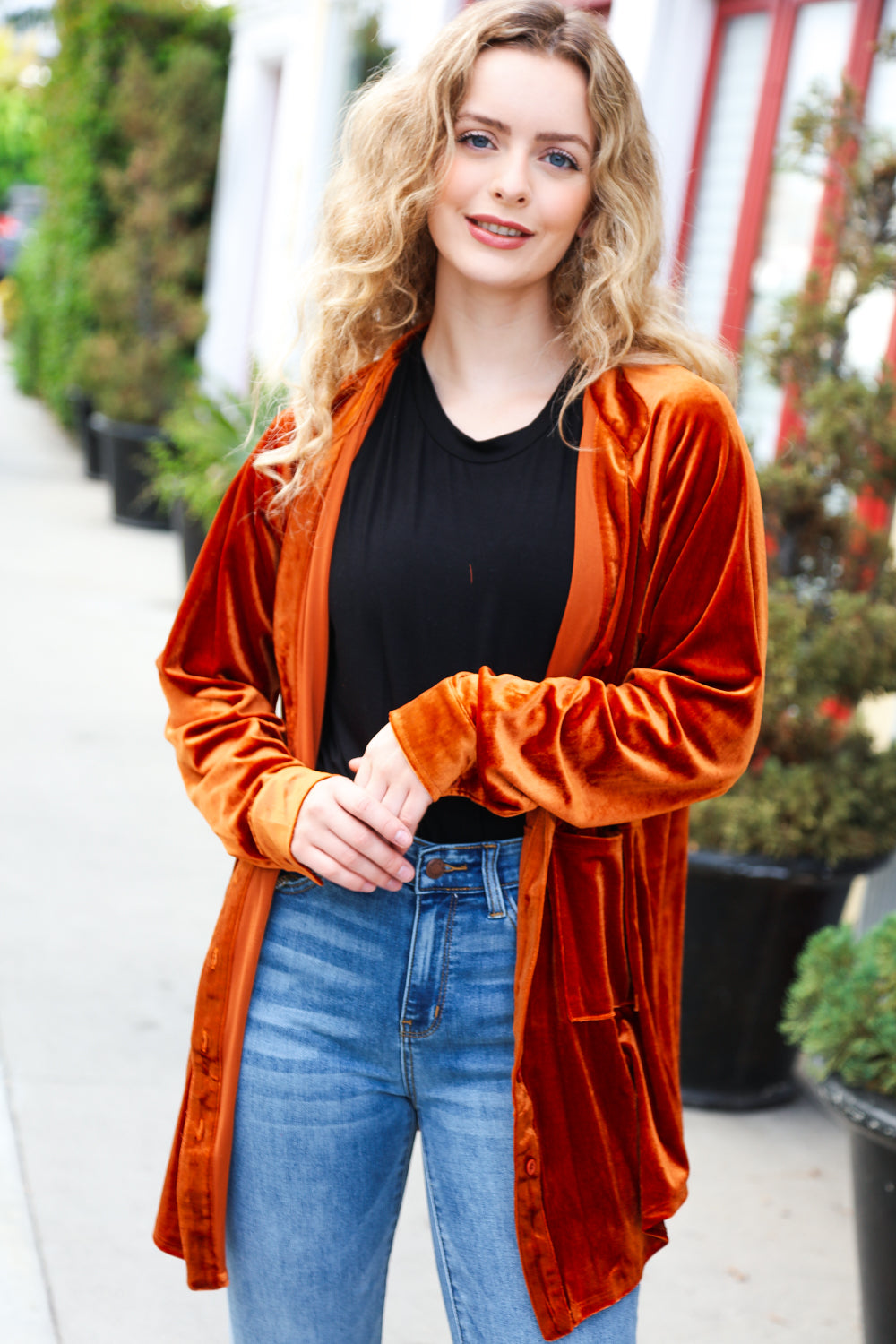 Dazzling Velvet Button Down Tunic Top • Rust