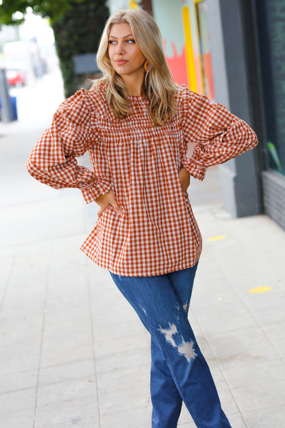 Adorable in Gingham Shirred Mock Neck Top • Rust