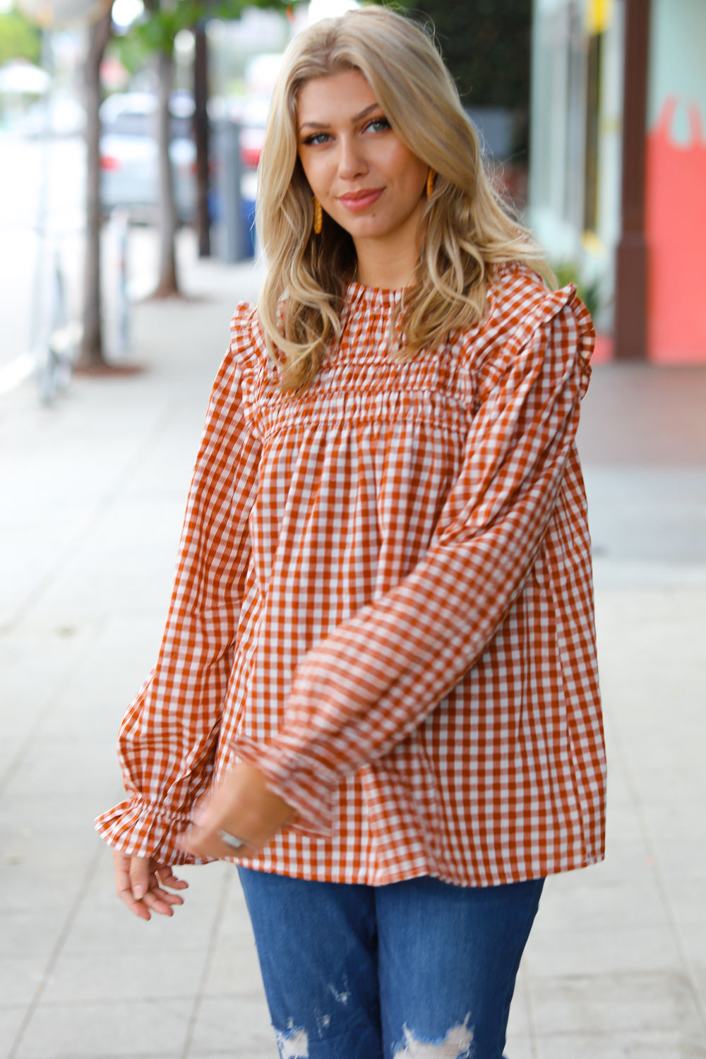 Adorable in Gingham Shirred Mock Neck Top • Rust