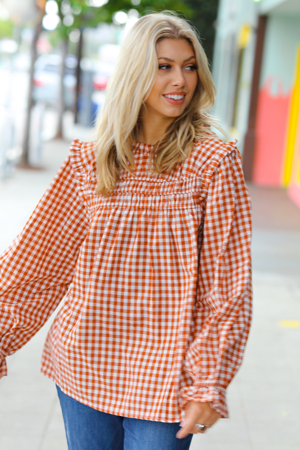 Adorable in Gingham Shirred Mock Neck Top • Rust