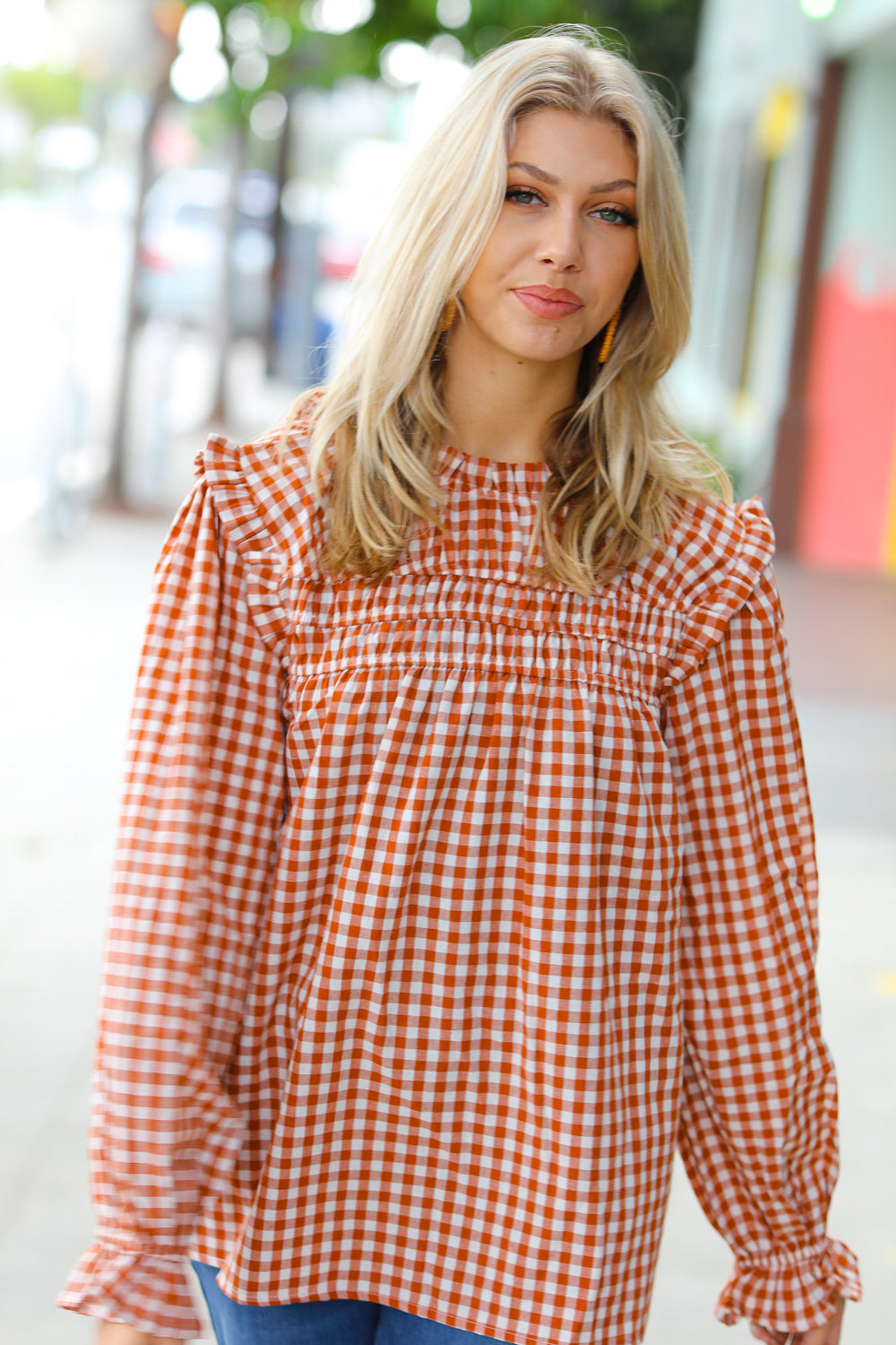 Adorable in Gingham Shirred Mock Neck Top • Rust