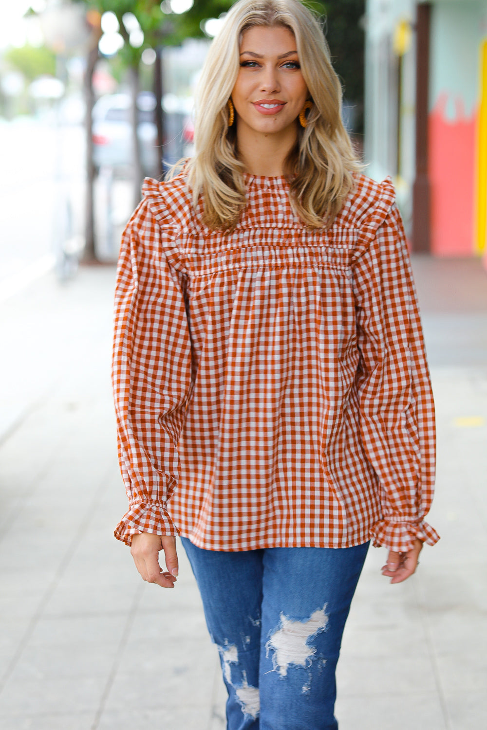 Adorable in Gingham Shirred Mock Neck Top • Rust