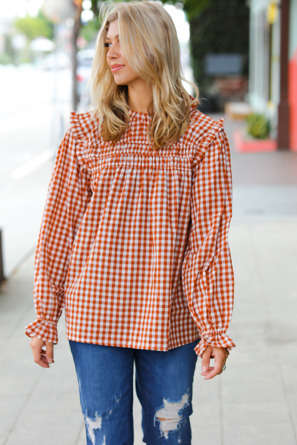 Adorable in Gingham Shirred Mock Neck Top • Rust