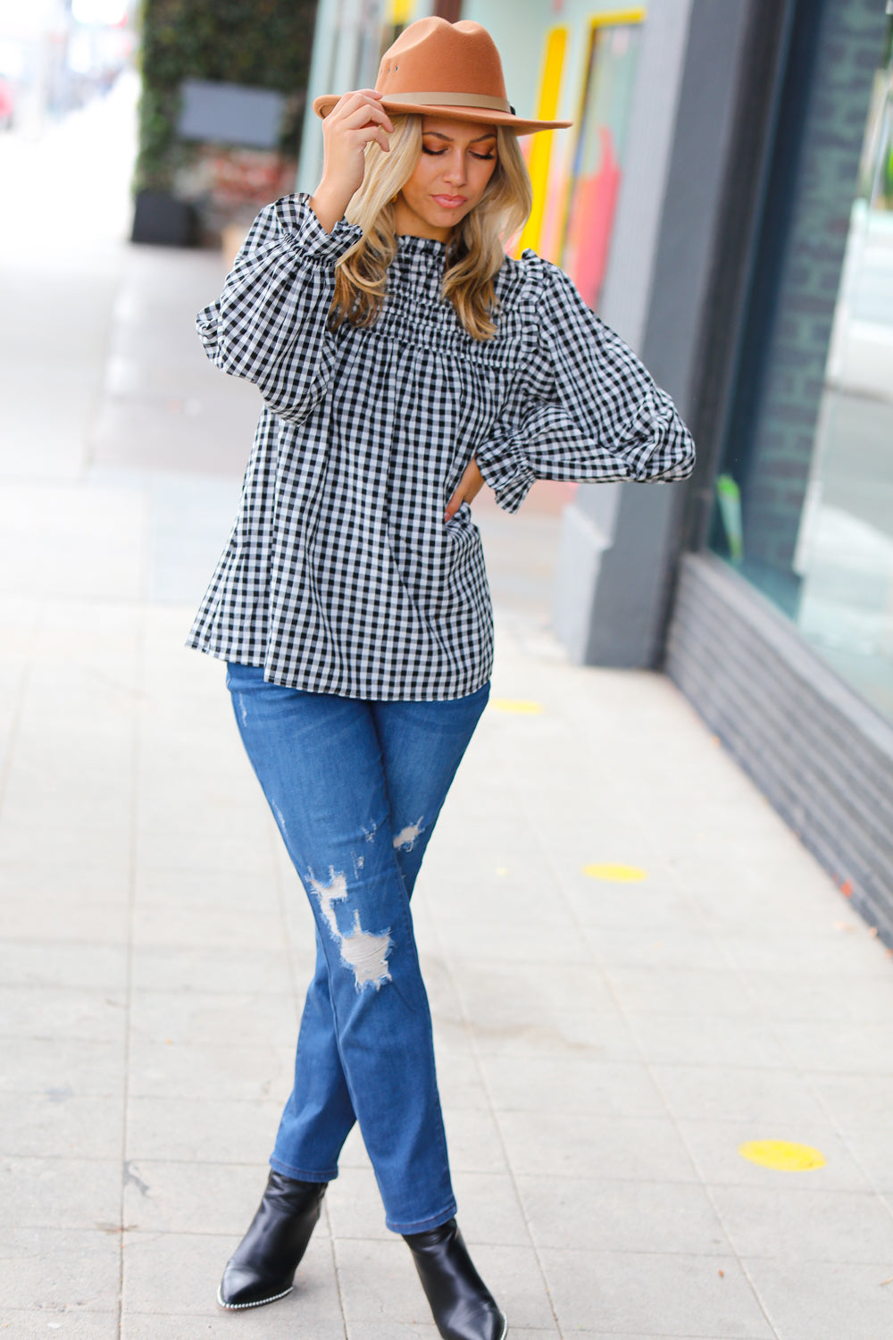Adorable in Gingham Shirred Mock Neck Top • Black