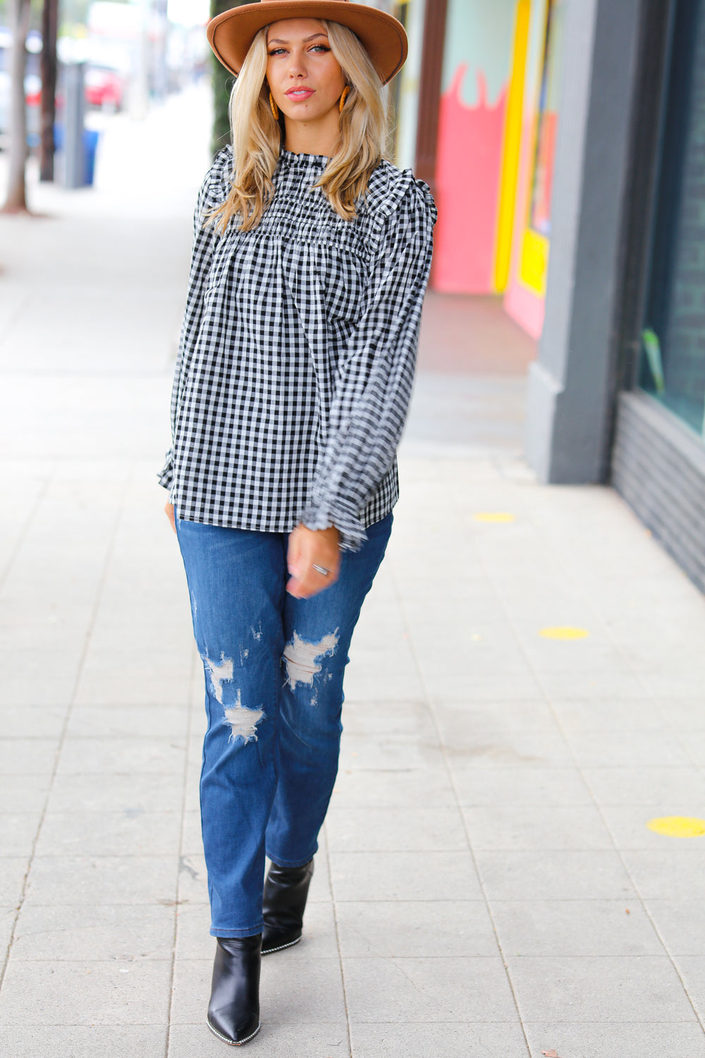 Adorable in Gingham Shirred Mock Neck Top • Black