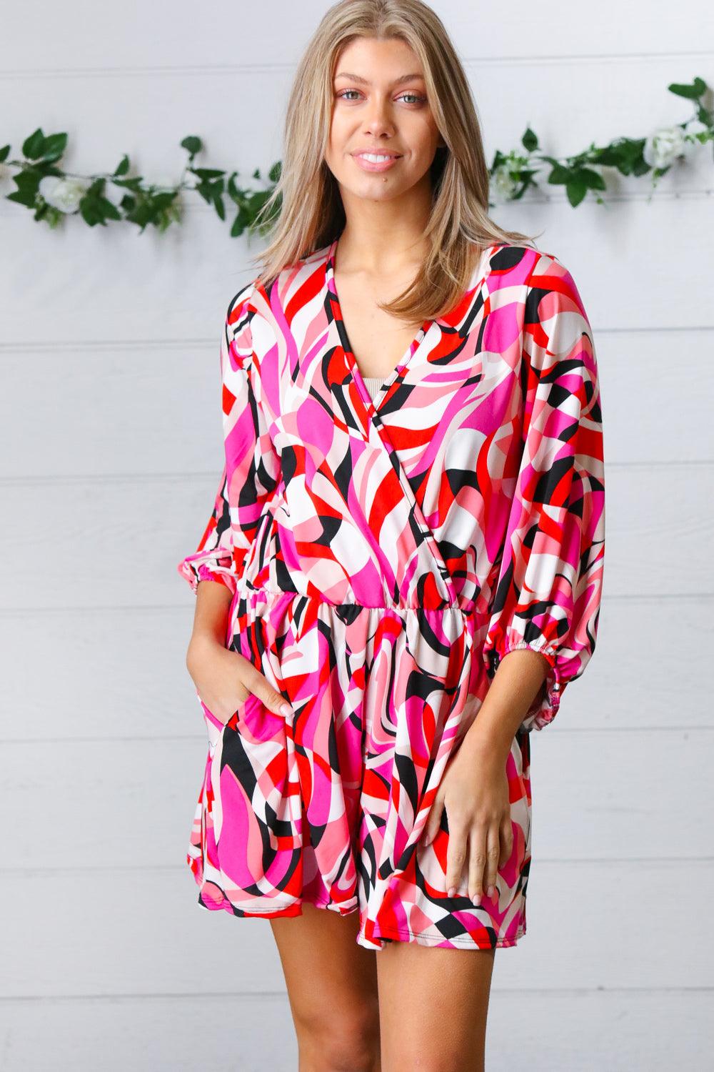 What A Vibe Geometric Surplice Romper - Atomic Wildflower