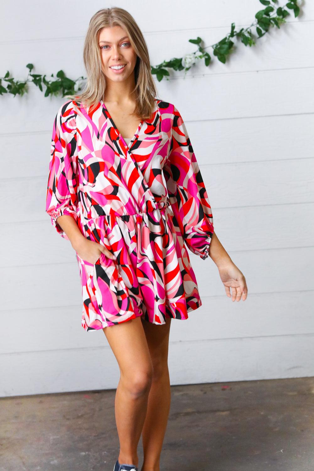 What A Vibe Geometric Surplice Romper - Atomic Wildflower