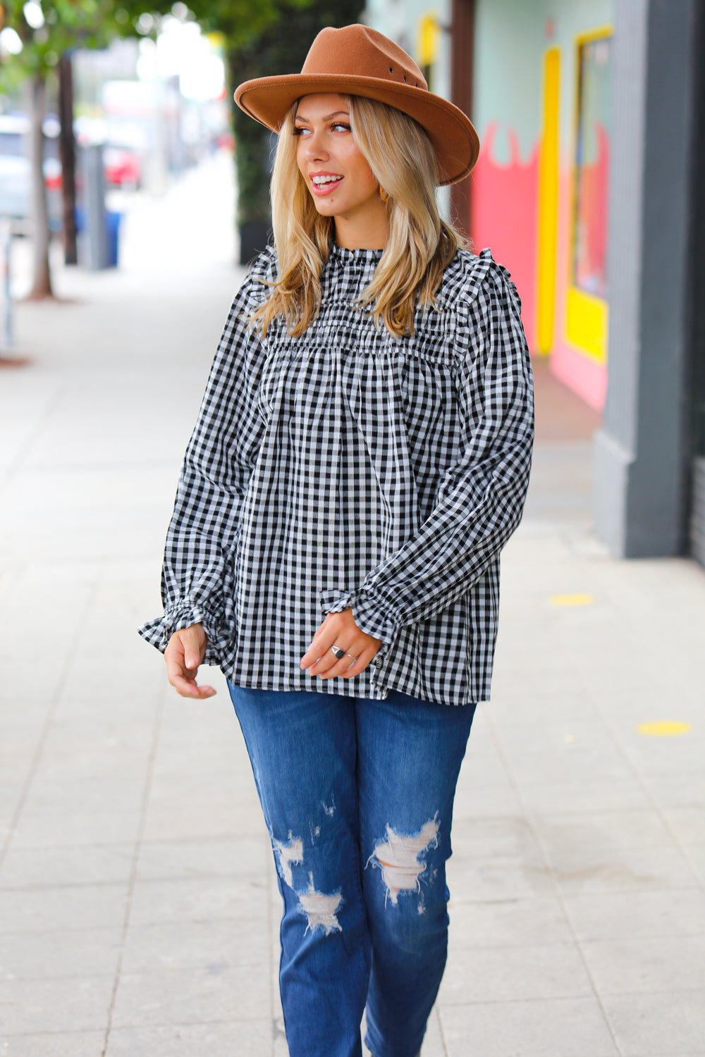 Adorable in Gingham Shirred Mock Neck Top • Black