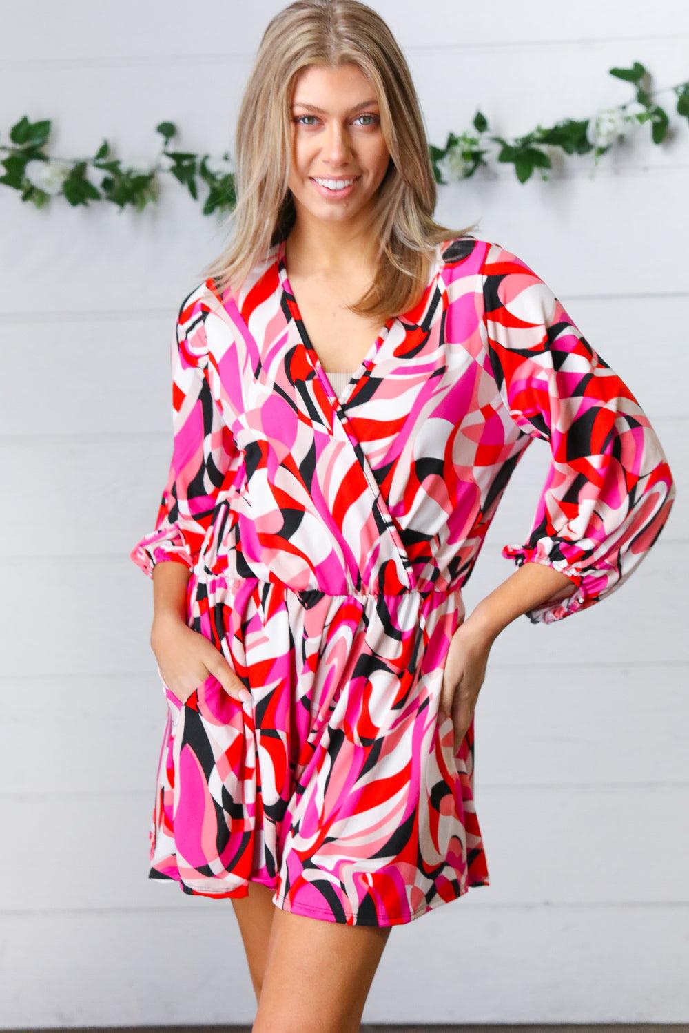 What A Vibe Geometric Surplice Romper - Atomic Wildflower