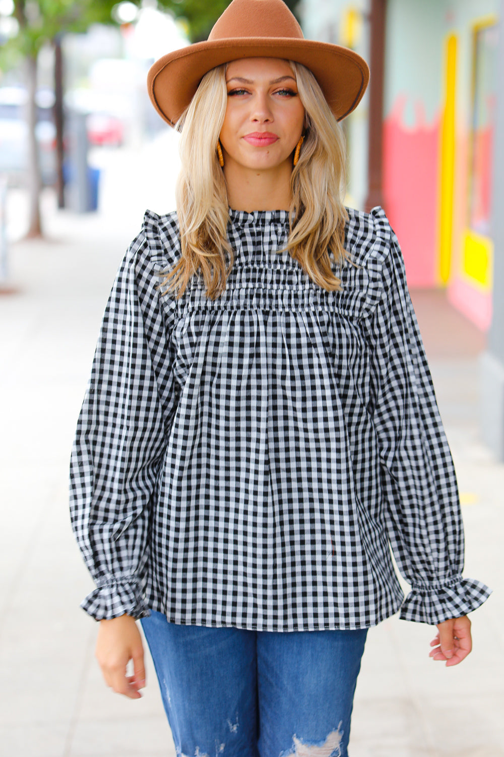 Adorable in Gingham Shirred Mock Neck Top • Black