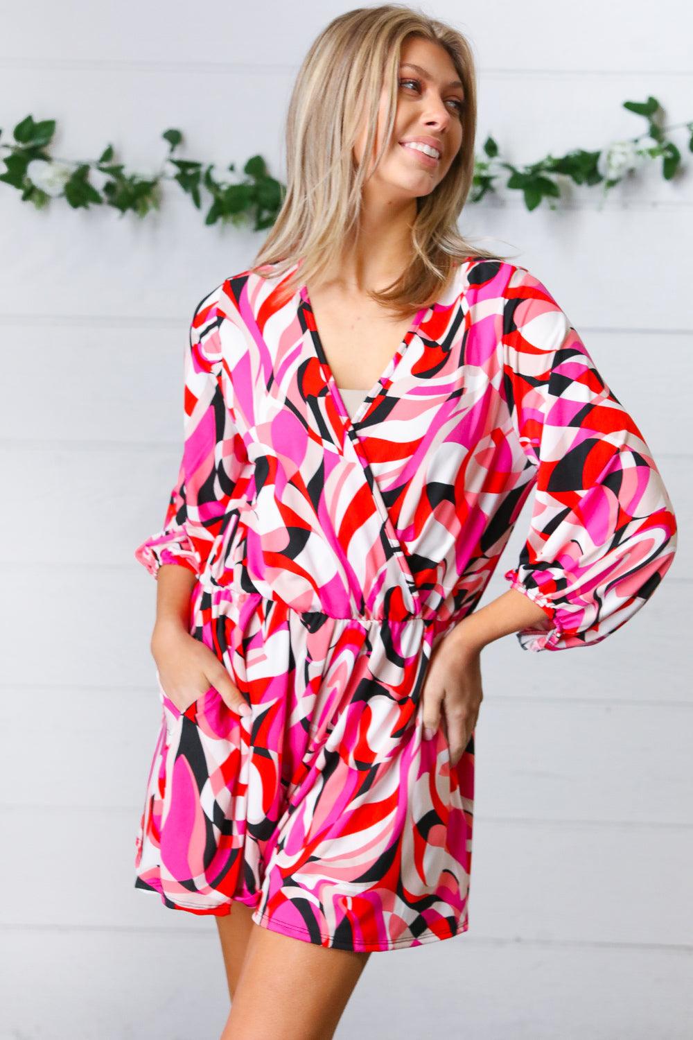 What A Vibe Geometric Surplice Romper - Atomic Wildflower