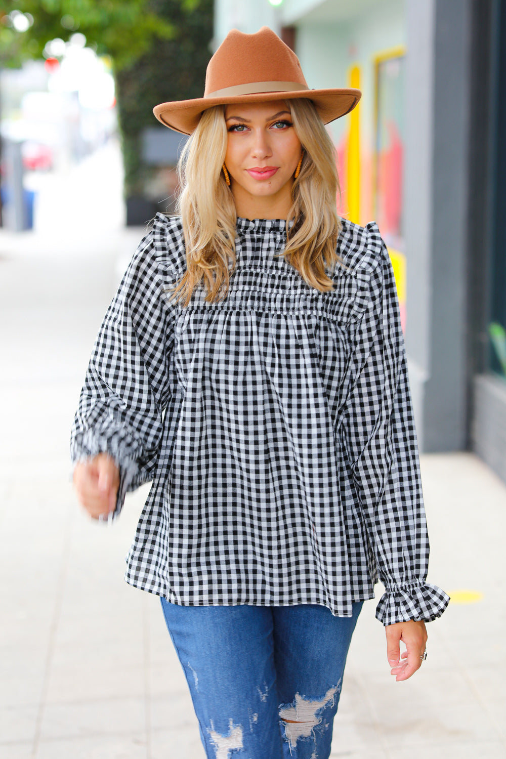 Adorable in Gingham Shirred Mock Neck Top • Black
