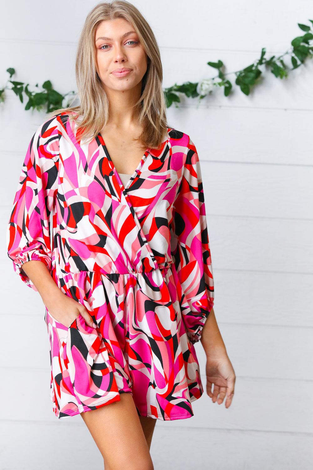 What A Vibe Geometric Surplice Romper - Atomic Wildflower