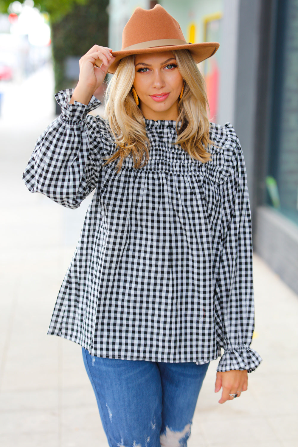 Adorable in Gingham Shirred Mock Neck Top • Black