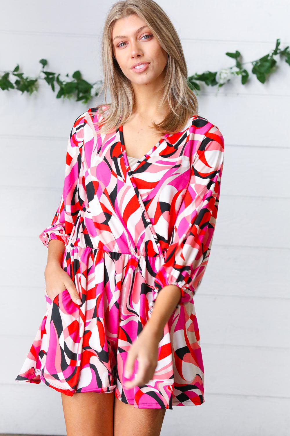 What A Vibe Geometric Surplice Romper - Atomic Wildflower