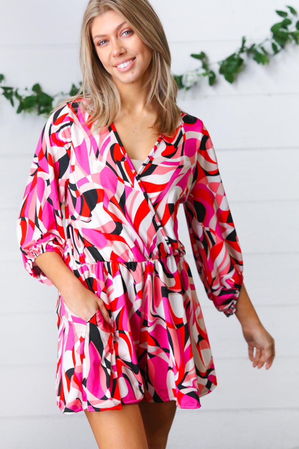 What A Vibe Geometric Surplice Romper - Atomic Wildflower