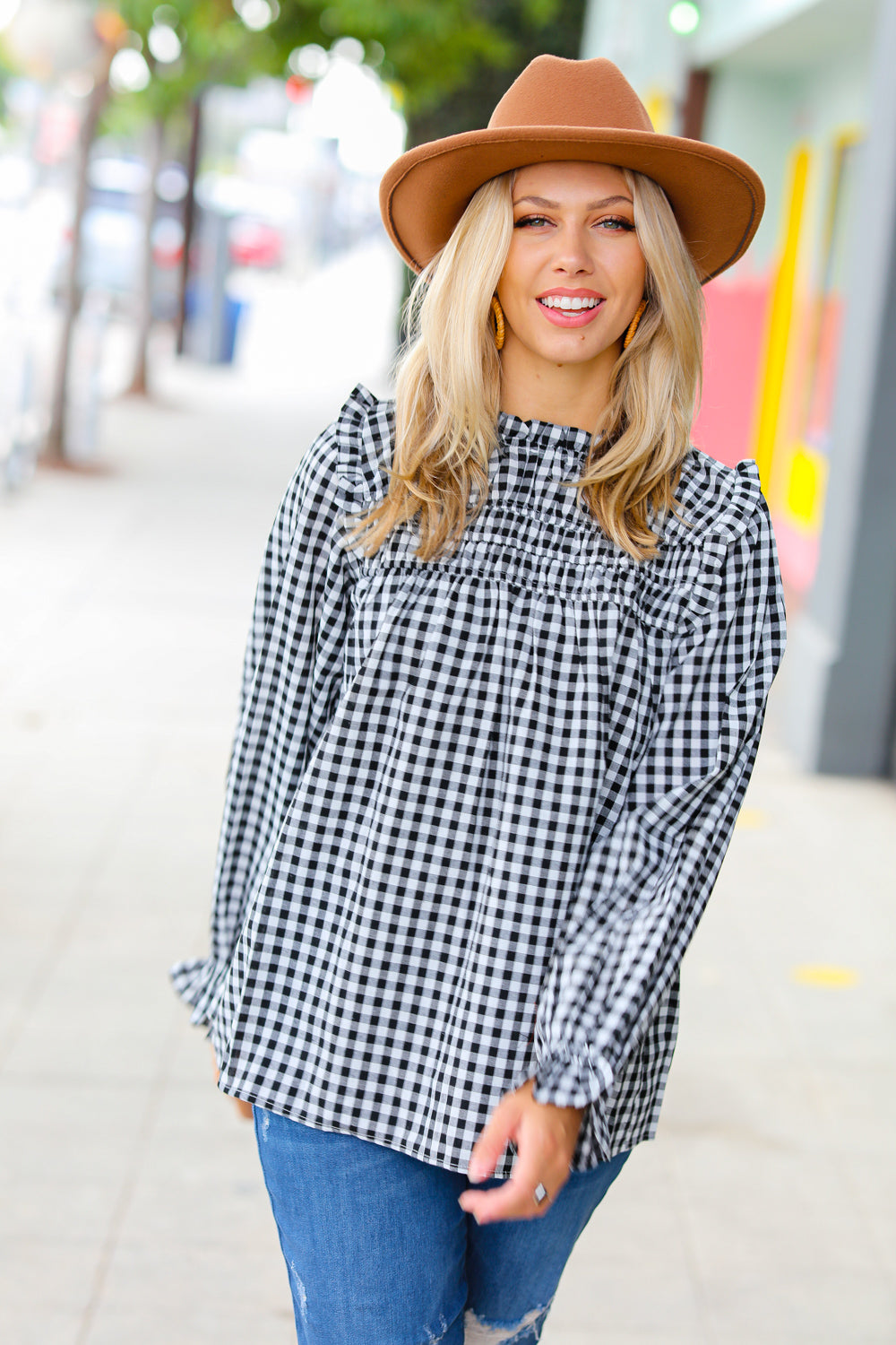 Adorable in Gingham Shirred Mock Neck Top • Black
