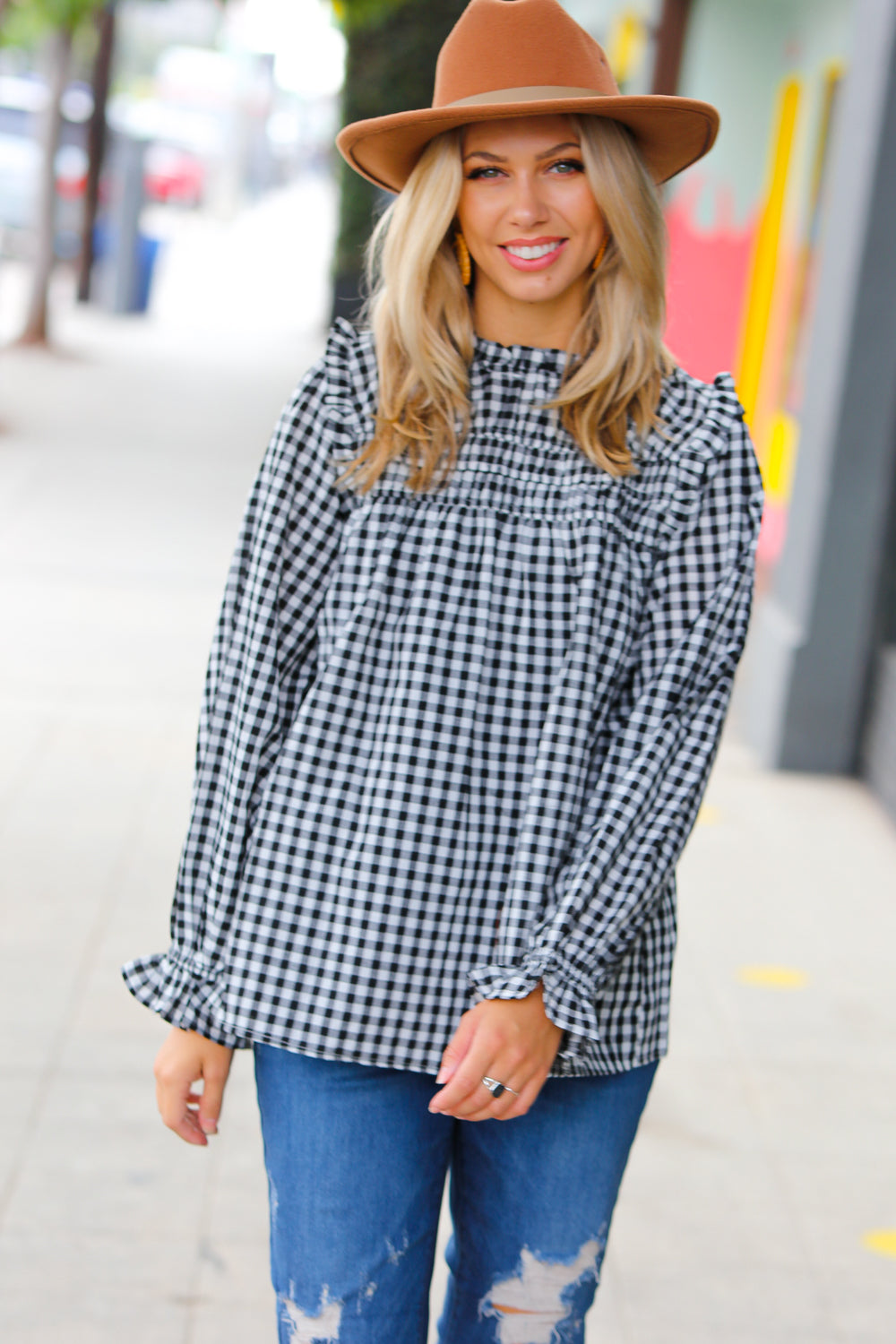 Adorable in Gingham Shirred Mock Neck Top • Black