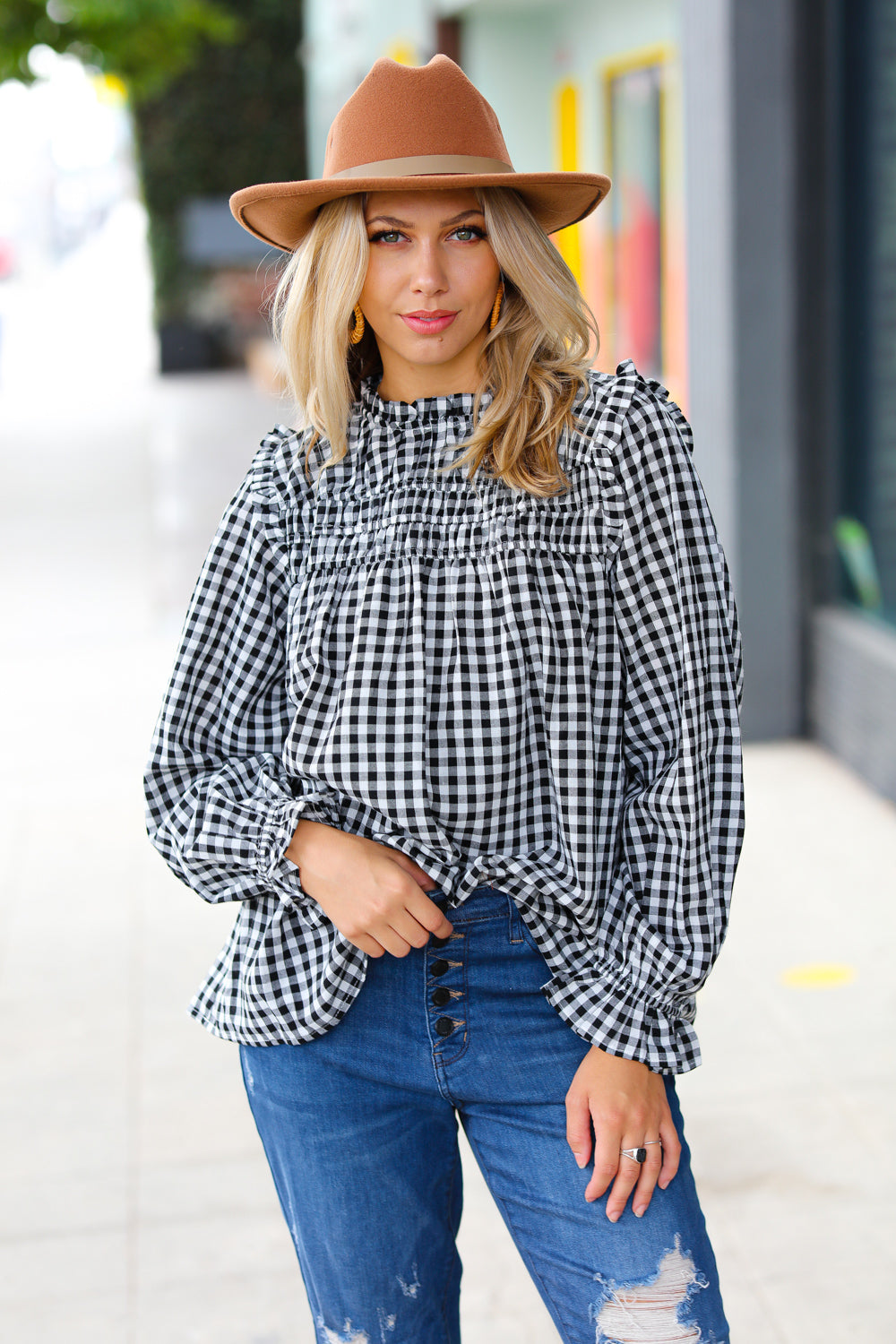 Adorable in Gingham Shirred Mock Neck Top • Black