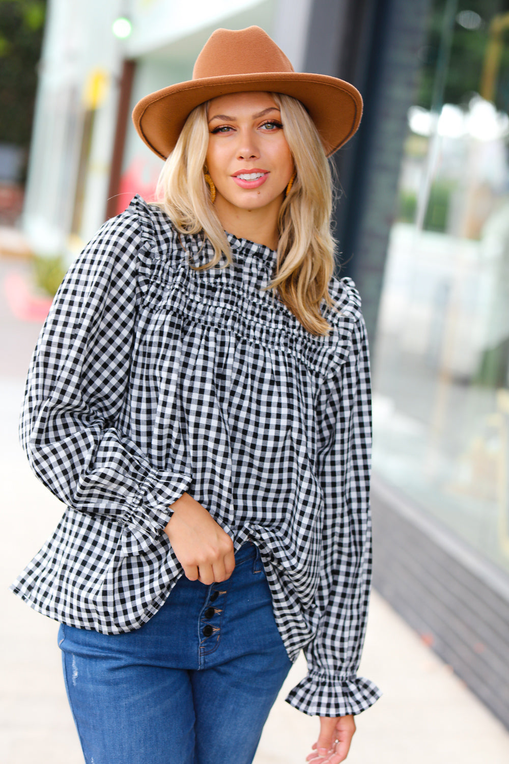 Adorable in Gingham Shirred Mock Neck Top • Black