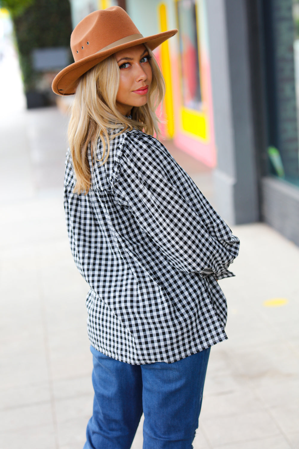 Adorable in Gingham Shirred Mock Neck Top • Black