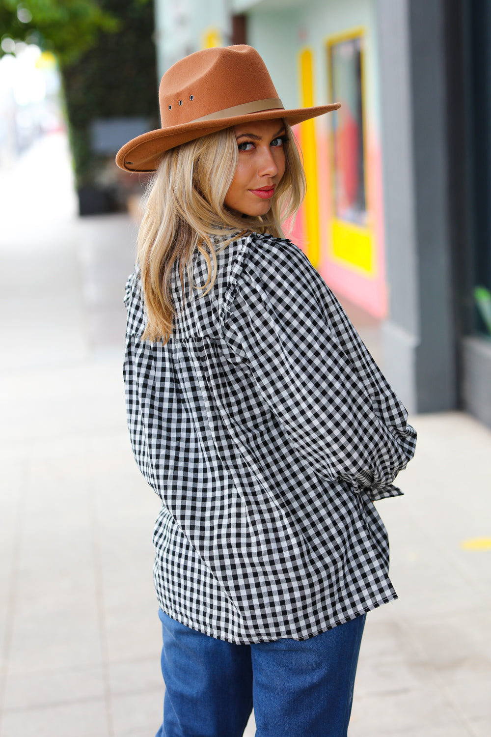 Adorable in Gingham Shirred Mock Neck Top • Black