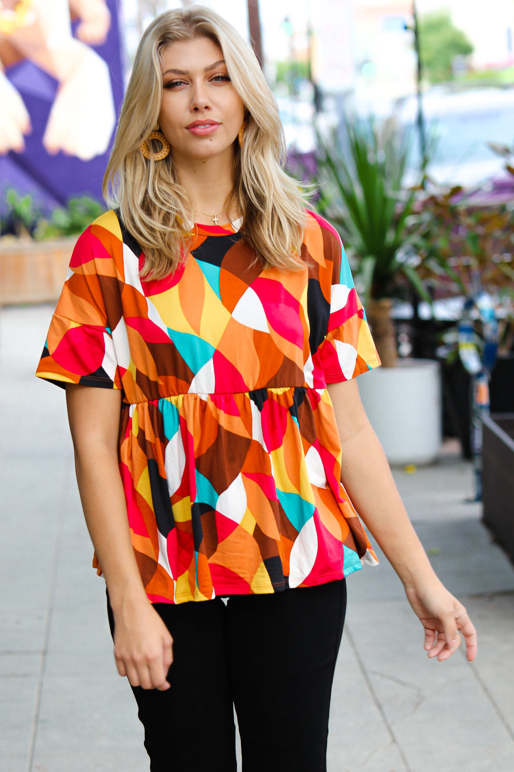 Fever Pitch Geo Print Babydoll Top