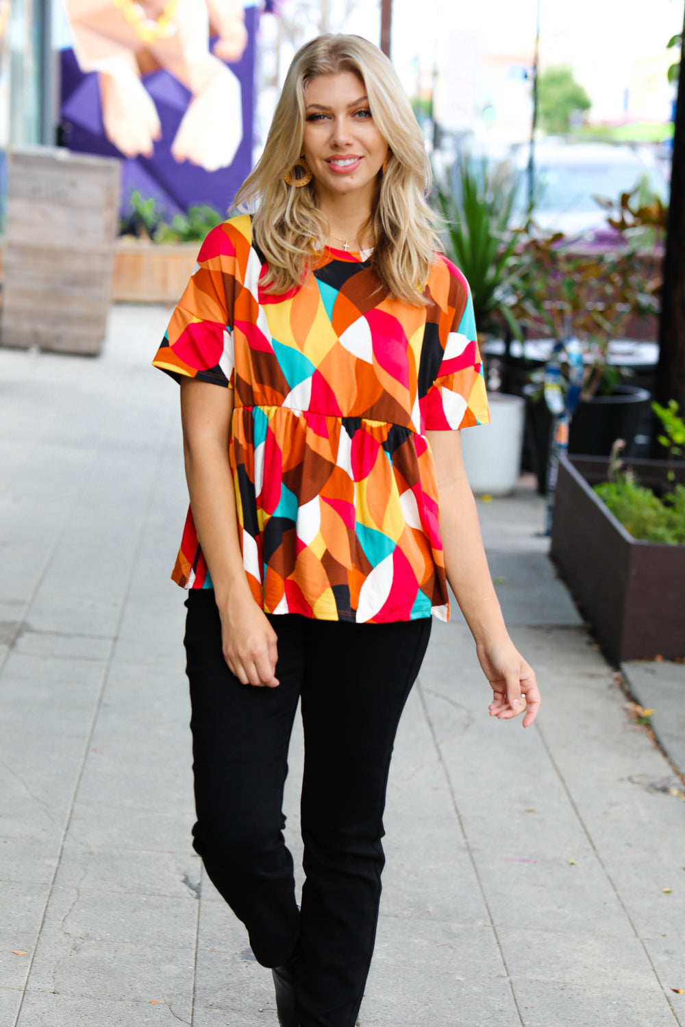 Fever Pitch Geo Print Babydoll Top