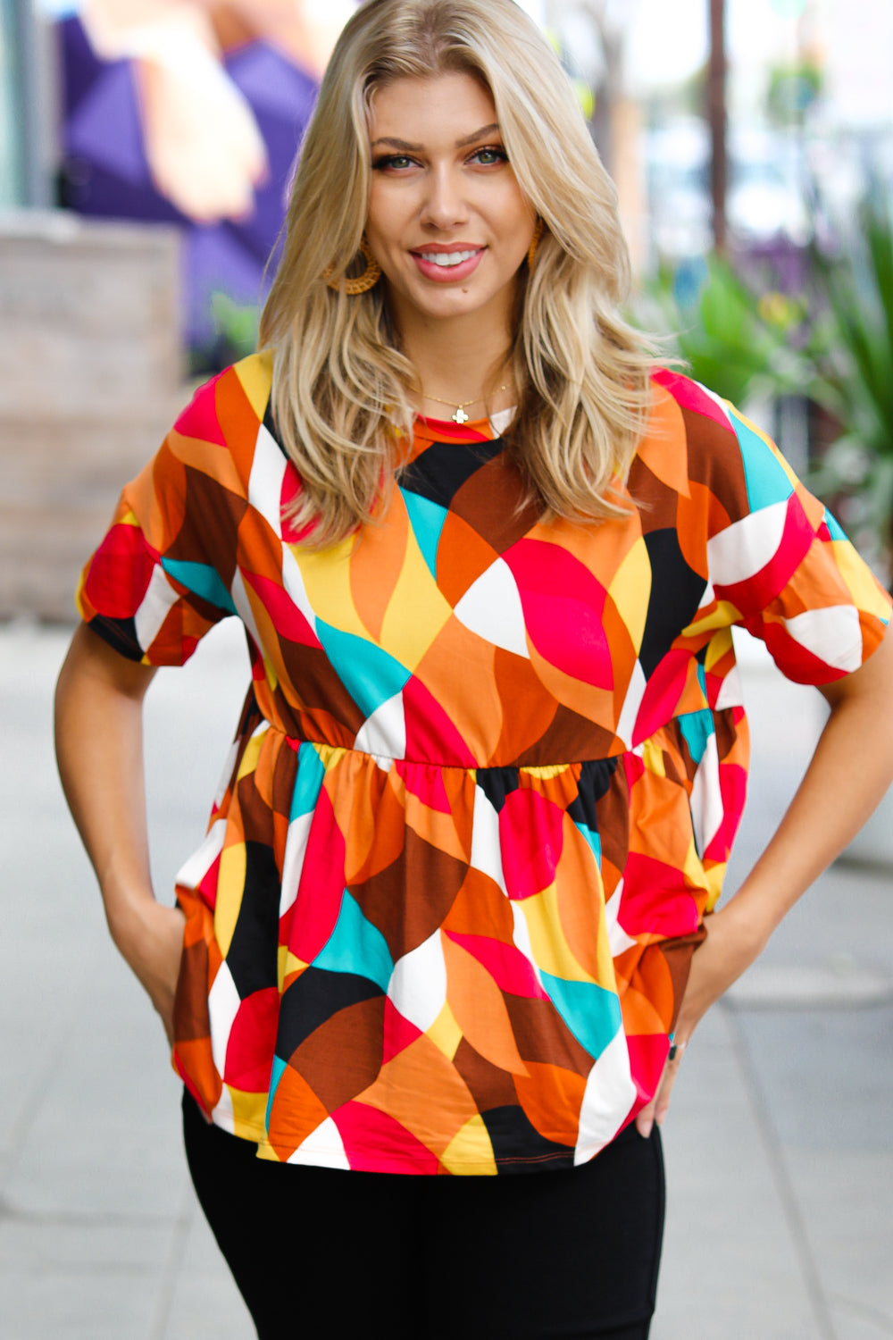 Fever Pitch Geo Print Babydoll Top