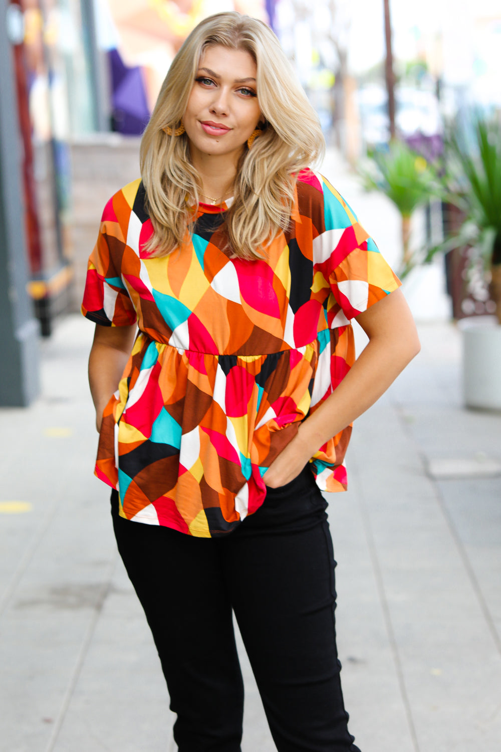 Fever Pitch Geo Print Babydoll Top